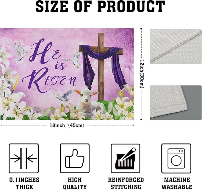 Giwawa He is Risen Placemats, Easter Cross Lamb Linen Washable Place Mat, Spring Lily Flowers Heat Resistant Table Mats for Kitchen Dining Holiday Party Decor, Set of 4, 12x18 Inch