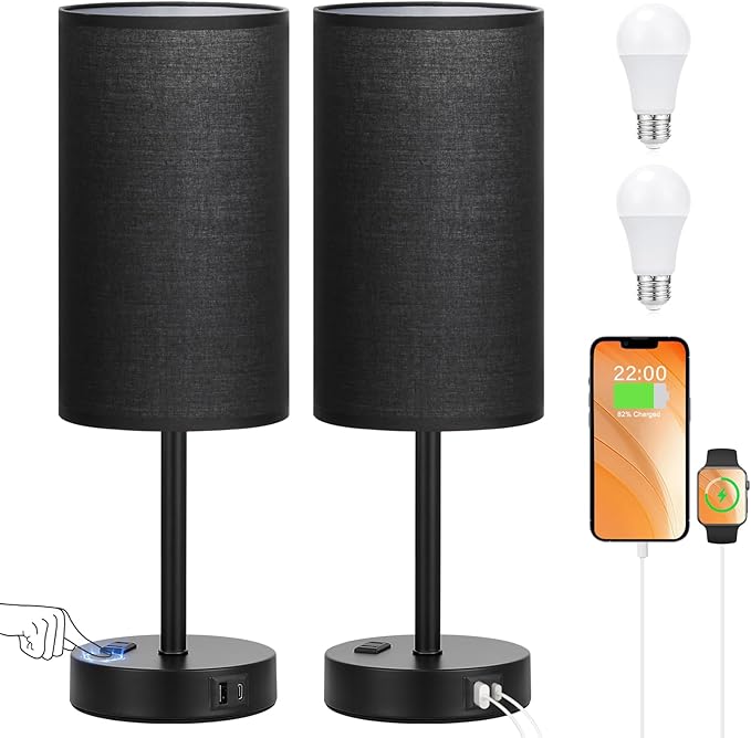 17.4inches Tall Black Touch Table Lamps Set - 3 Way Dimmable Bedside Lamps with USB C and A Ports, Small Lamps for Nightstand with AC Outlet, Round Flaxen Shade for Desk, Office, Dorm, Nursery