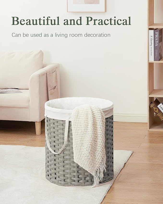Laundry Hamper Round 26.5 Gal (100L) Handwoven Rattan Laundry Basket, Large Wicker Laundry Hamper with Removable Laundry Bag Handles 2 Mesh Bags for Bathroom Living Room Gray