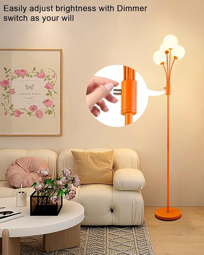 Lightdot 67IN Dimmable Globe Floor Lamp 4-Lights Orange Standing Lamps with 4PCS 3000K G9 Bulbs Soft Warm White Mid Century Modern Floor Lamp Stable Base for Living Room/Sofa Beside