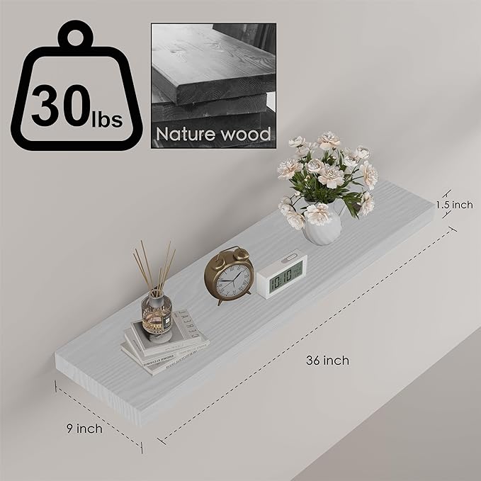 Floating Shelves for Wall - 36 x 9 Inch Wood Shelves for Bathroom, Bedroom, Kitchen Decor, Farmhouse Decor Set of 2, White