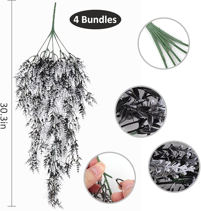RECUTMS Artificial Hanging Fake Lavender Faux UV Resistant Flowers Plants Indoor Outside Decorations,4 Packs (Black and White)
