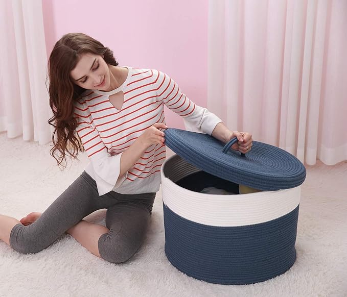 20" x 20" x 15" Extra Large Storage Basket with Lid, Cotton Rope Storage Baskets, Laundry Hamper, Cloth Bin, for Clothes Towels Blankets Pillows Storage in Living Room, Basket with Cover Dark Blue