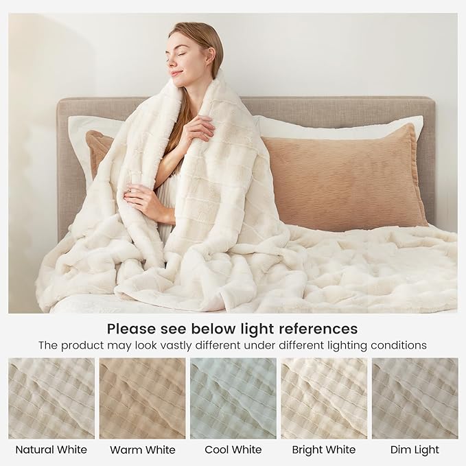 Cozy Bliss Fluffy Queen Size Throw Blankets for Bed,Lightweight Cozy Soft Cream White Faux Fur Throw Blankets for Sofa Bedroom Living Room,90x90 Inches