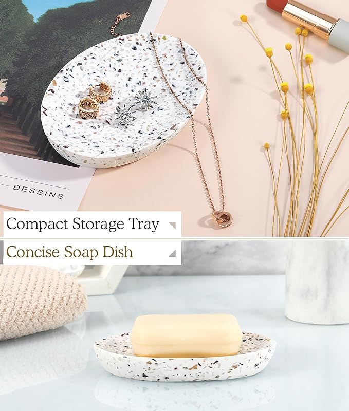 Luxspire Soap Dish, Resin Soap Tray Soap Holder Container Box, Oval Soap Plate Case, Sponge Dish Scrubbers Tray Holder for Bathroom Vanity Shower Kitchen Sink Counter Top, Terrazzo