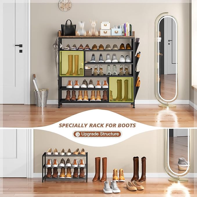 EnHomee Metal Shoe Rack for Entryway, 6 Tier Shoe Storage Organizer Holds 22 Pairs, Wooden Top and Side Pocket for Entry, Entrance, Hallway, Black