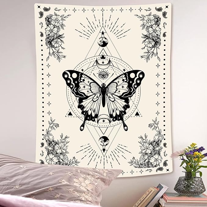 Lunerfex Boho Butterfly Tapestry Small Tapestry Tarot Tapestries Moon Phase Aesthetic Tapestries Wall Hanging for Bedroom and Living Room Decor Butterfly 44×60 Inches