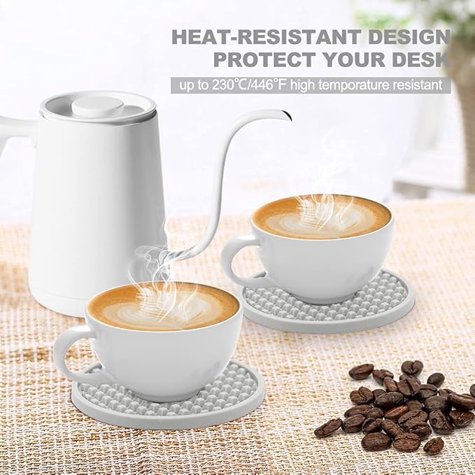 EAGMAK Coasters for Drinks Set of 8, Silicone Drink Coasters with Grooved Pattern, Non-Slip Base, Washable and Heat Resistant Coffee Coasters for Wooden Table, Desk, Kitchen, Office, Bar-Light Grey