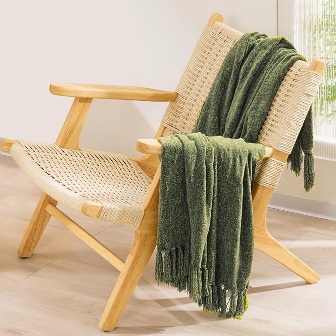 EVERGRACE Soft Chenille Throw Blanket for Couch, Cozy Plush Fuzzy Decorative Chenille Knit Throw Blanket with Tassels, Lightweight Blanket and Throws for Bed Sofa Gift Home Decor, Olive Green 60"x80"