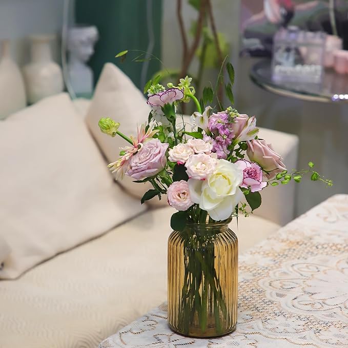 OFFIDIX Glass Vase,7.3 * 4.3in Vertical Line Geometric Faceted Design Flower Vase