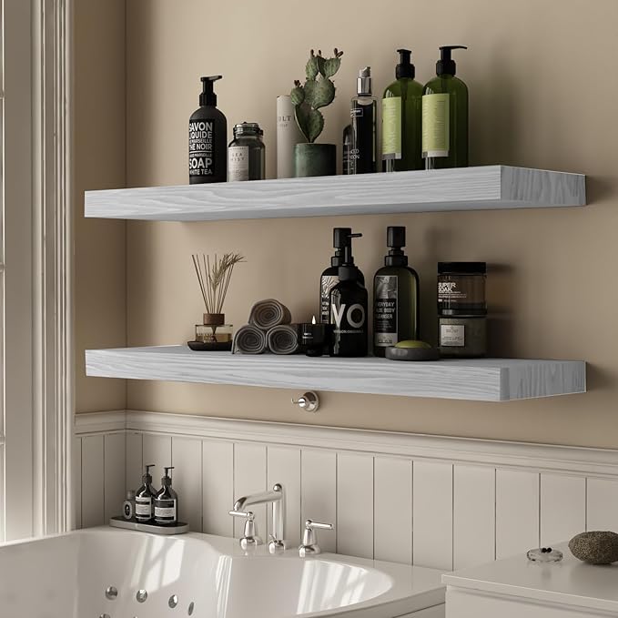 Floating Shelves for Wall - 32 x 9 Inch Natural Wood Shelves for Bathroom, Bedroom, Kitchen Decor, Farmhouse Decor Set of 2, White