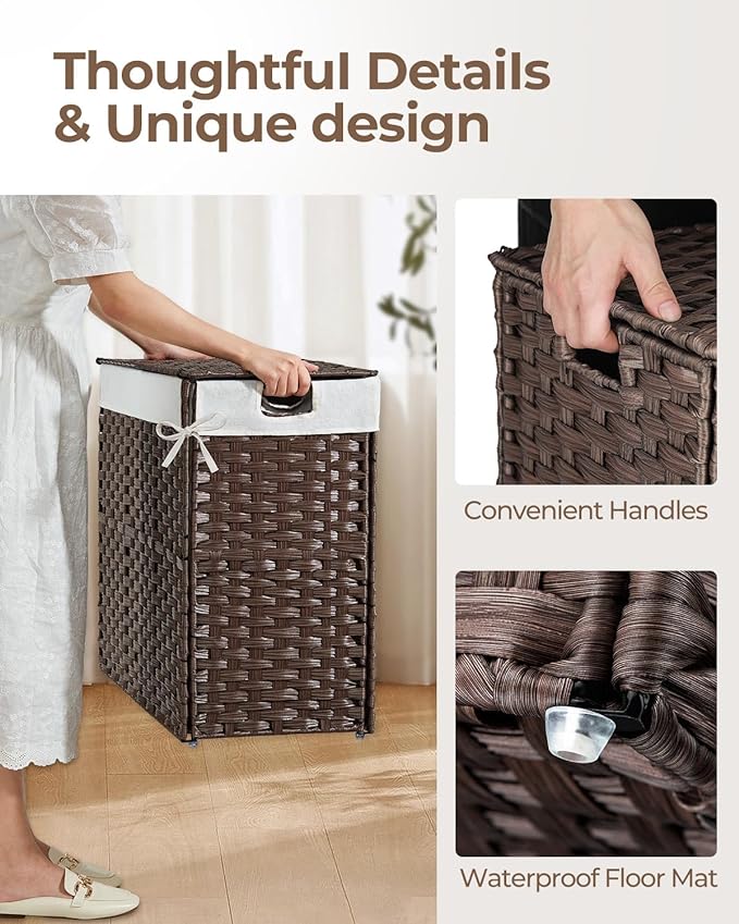 Greenstell Laundry Hamper with lid, No Install Needed, 110L Wicker Laundry Baskets Foldable 2 Removable Liner Bags, 2 Section Clothes Hamper Handwoven Rattan Laundry Basket with Handles, Brown