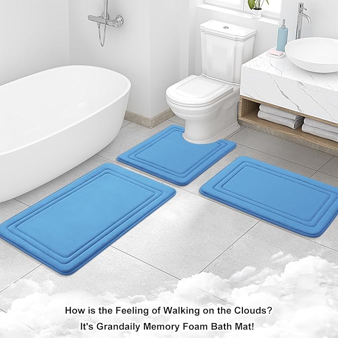 Grandaily Memory Foam Bath Mat Rug 30x20, Ultra Soft, Non-Slip and Absorbent Bathroom Rugs, Machine Wash Dry, Comfortable Bath Carpet for Bathroom Floor, Tub and Shower, Blue