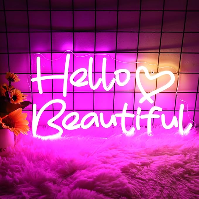 Hello Beautiful Neon Signs, Led Neon Light for Wall Decor for Bachelorette Party Birthday Engagement Party Wedding Decoration with Switch 22 x 12.3''(Pink + Warm White Heart)