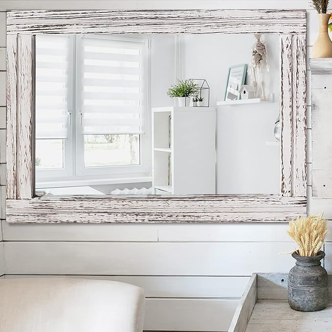 AAZZKANG Large Wall Mirrors with Rustic Wood Framed 28"x20" Rectangle Decorative Hanging Mirror for Farmhouse Bedroom Bathroom Living Room Entryway