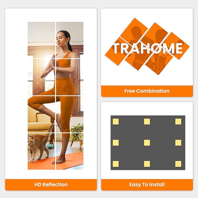 Wall Mirror Tiles, 16"x12"x8PCS Full Length Home Gym Mirror for Garage, Bedroom, Living Room, Over The Door