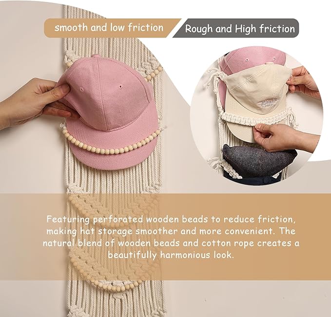 Ball Cap Hanger-1 Pack-Boho Macrame Cap Holder Wall Hat Organizer for Baseball Cap Holder Over Door, Hat Rack for Wall, Cap Rack for Decoration and Display,
