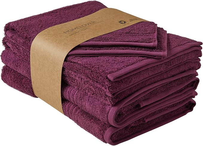HOMELOVER 6 Piece Towel Set - 100% Organic Cotton, 2 Bath Towels, 2 Hand Towels, 2 Washcloths - 500 GSM, Hotel & Spa Quality, Soft, Quick Dry, Highly Absorbent Bathroom Essentials (Plum Purple)