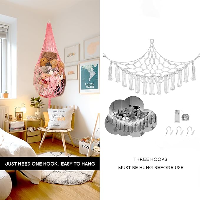 Stuffed Animal Net or Hammock Corner Hanging Net for Stuffy Animal Storage Macrame Toy Display Plush Toy Holder Wall Pet Net for Nursery Kid Bedroom Decor Playroom Organizer (Pink)
