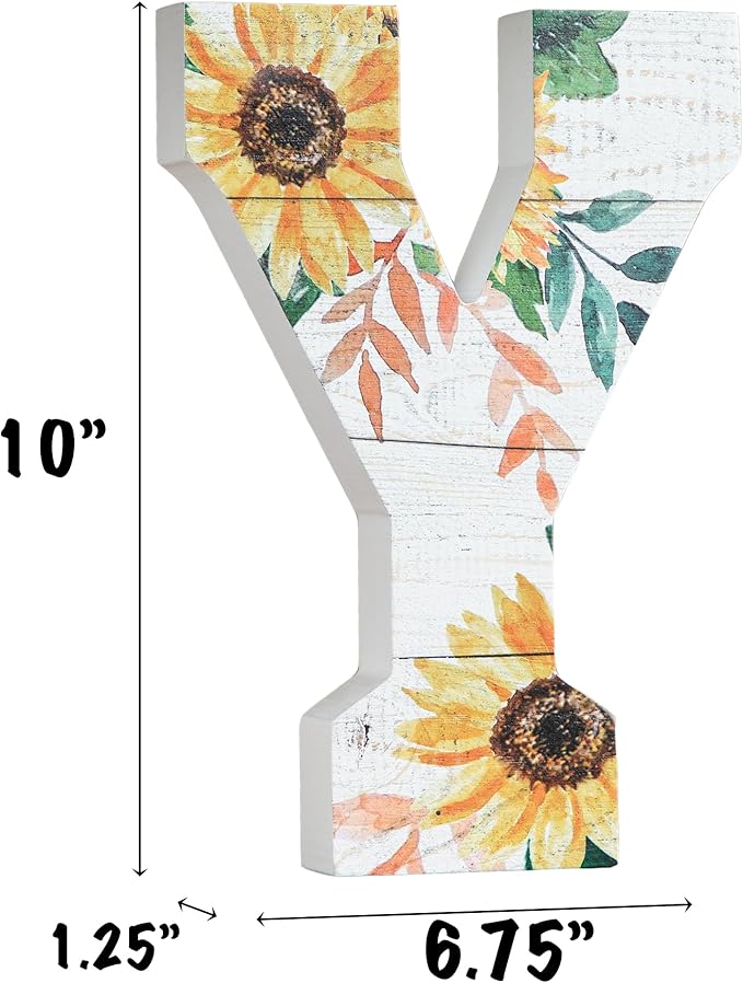COLLECTIVE HOME - 10" Wood Lettes for Wall Decor, Sunflower Tabletop Alphabet Decoration, DIY Farmhouse Decor, Rustic Freestanding Monogram Block (Y)