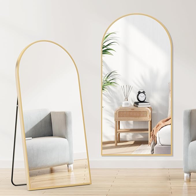 Sweetcrispy 71"x26" Arched Full Length Mirror, Standing or Leaning Full Body Mirror with Aluminum Alloy Thin Frame, Suitable for Bedroom or Cloakroom,Gold
