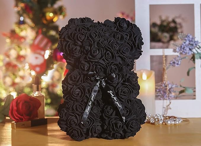 RECUTMS Rose Teddy Bear, 10 inch Artificial Flower Bears with Lights,Lighted Up Roses Gifts for Valentines Day Mothers Day Wedding Anniversary Birthday Halloween Home Bedroom Decoration(A-Black