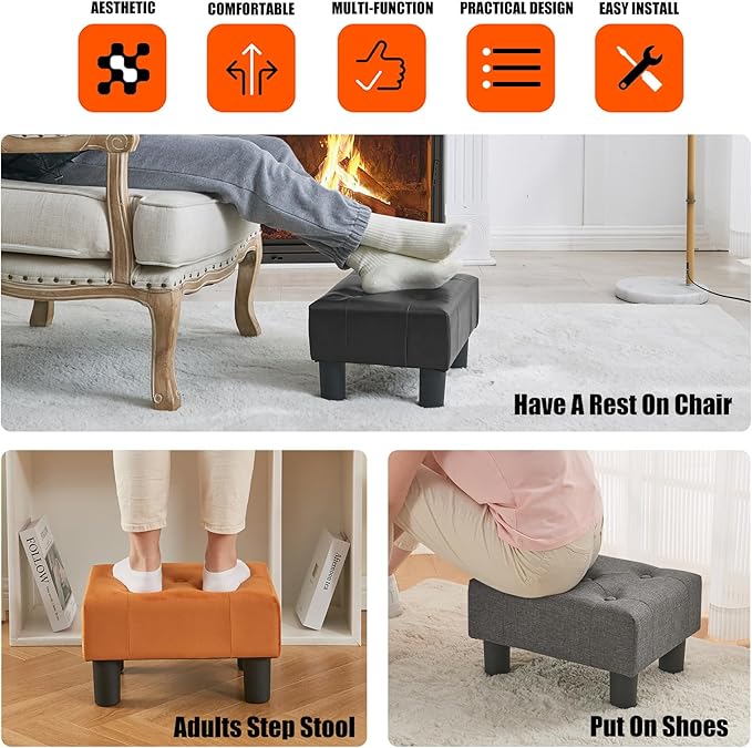 BRIAN & DANY Small Foot Stool, Leather Foot Stools with Legs, Stable Small Footstool for Living Room, Black