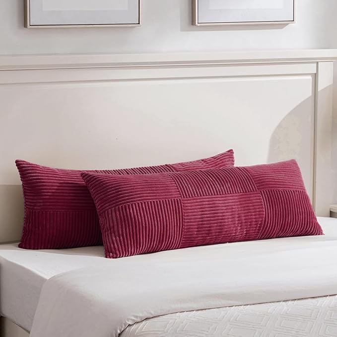 Fancy Homi Set of 2 Burgundy Boho Long Lumbar Body Decorative Throw Pillow Cover 14x36 Inch for Bed Couch Bedroom Bench, Soft Patchwork Corduroy Textured Pillow Case, Rustic Farmhouse Room Décor