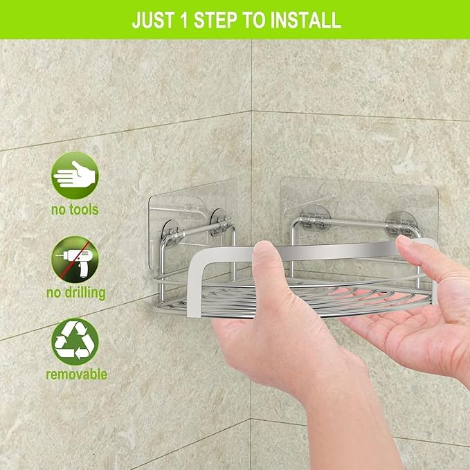 STEUGO 2 Pack Shower Caddy Corner, Bathroom Corner Shower Shelfs, Adhesive Wall Mounted Shower Caddy with 4 Movable Hooks, No Drilling Shower Shelf, Stainless Steel Silver.