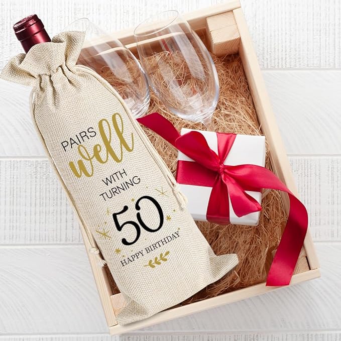 50th Birthday Gifts for Women Men, 50 Years Old Birthday Wine Bag Gifts, 50th Birthday Decorations, 1974 Birthday Gift, Happy 50th Birthday Party Wine Bag Gifts, Pairs Well With Turning 50