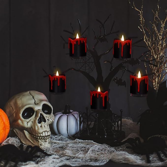 DRomance Black Flameless Votive Candles Battery Operated with Timer, 350 Hours Blood Dripping Small Real Wax Flickering LED Tea Light Candles Dinner Fall Halloween Decoration Lights(6 Pcs, 2" x 2.2")