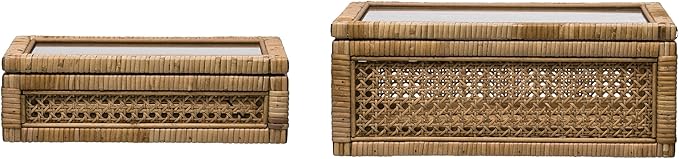 Creative Co-Op Modern Decorative Rectangle Woven Rattan and Wood Display Boxes with Glass Top, Set of 2 Sizes, Natural Finish