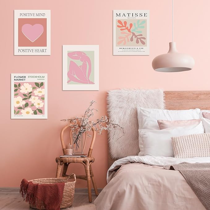 Habseligkeit Flower Market Posters Aesthetic, Matisse Abstract Wall Art Prints Danish Pastel Pink Wall Decor, Floral Wall Art Prints for Girs Dorm Aesthetic Decor Unframed, 11x14in, Set of 6