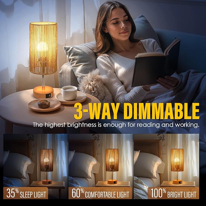 Yarra-Decor Bedside Lamp with USB Port - Touch Control Table Lamp for Bedroom (Rattan)