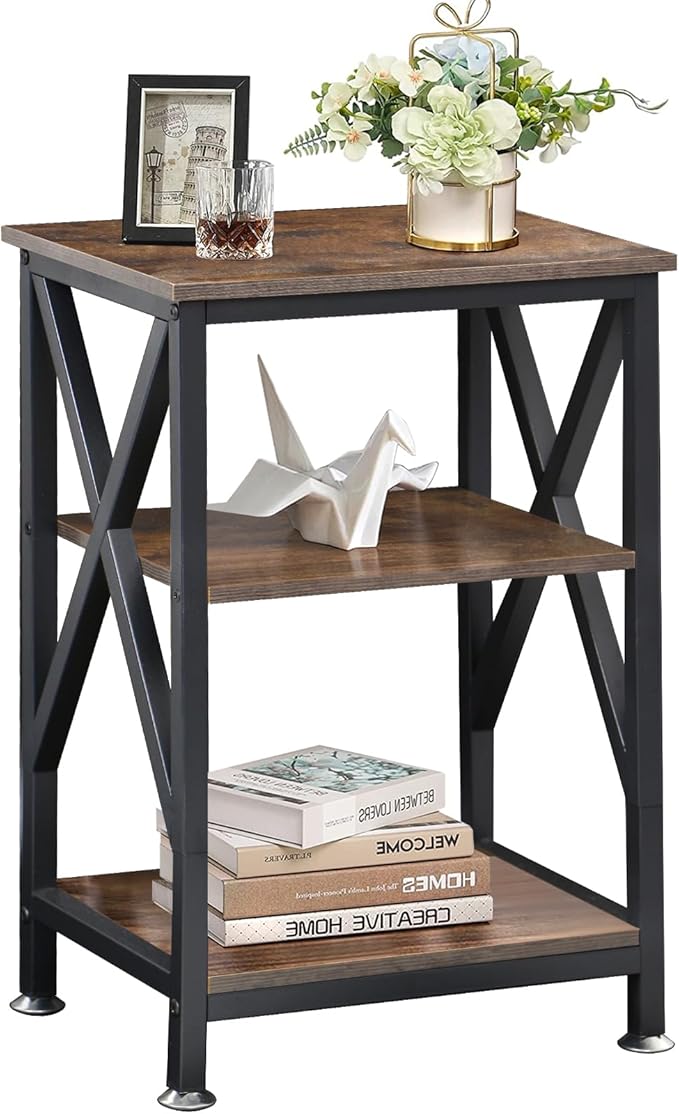 End Tables with Storage Shelf, 12" D x 16" W x 24" H, Small Side Table 3-Tier, End Tables Living Room Farmhouse, X-Shaped Night Stands for Bedrooms Bedside Tables