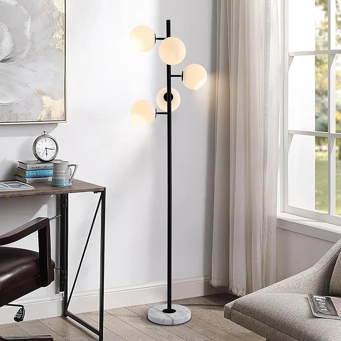 KCO Lighting Five Globe Mid Century Modern Floor Lamp 5Light Milk Glass Floor Lamp Contemporary Black Standing Lamp Industrial Tree Floor Lamp Marble Base Floor Lamp for Living Room, T1013-B