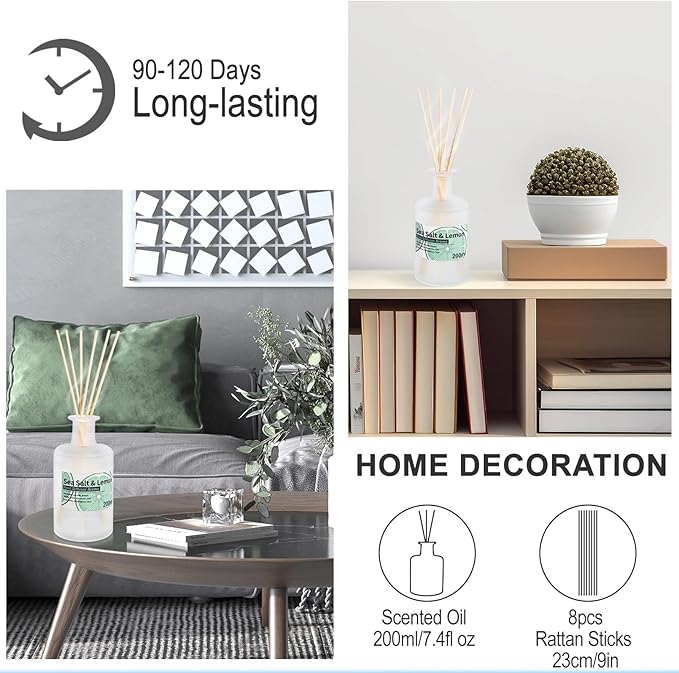 Reed Diffuser Set - Sea Salt & Lemon Essential Oil with Rattan Sticks, 200ml(6.8fl oz) Long Lasting Aroma Oils, Bathroom Air Freshener, Home Fragrance for Room Decor