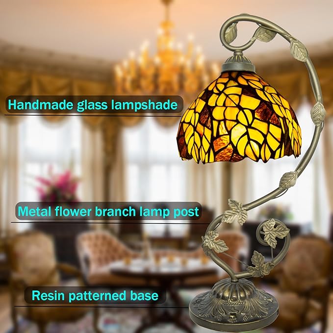 Tiffany Lamp,21x11x8 inches Stained Glass Lamp,Leaves Tiffany Style Table Lamp with Three-Color Dimming for Bedside Table,Dining Table,Antique Office
