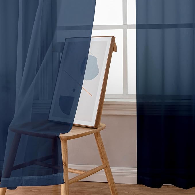 Aiyufeng Navy Blue Sheer Window Curtain Panels 54 Inch, Set of 2, Light Filtering Solid Voile Kitchen Curtains Drapes for Small Window/Kid's Room/Bathroom/Living Room/Bedroom, Rod Pocket, 40W x 54L