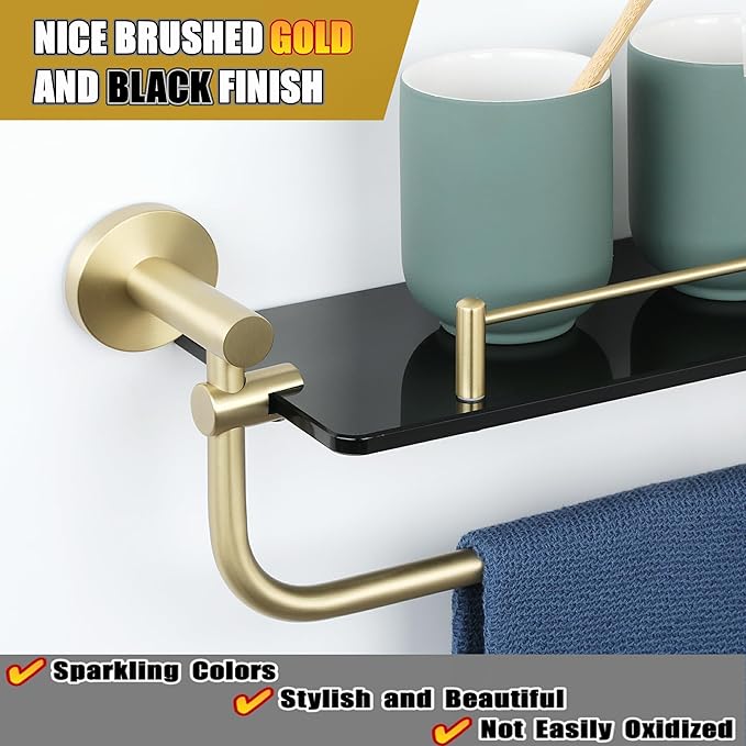 Alise Bathroom Shelves Glass Shelf with Bar,Wall Mount Floating Shelves for Bathroom,Tempered Glass Rack Holder Storage Organizer,GDL8600-GB SUS 304 Stainless Steel Gold and Black Finish