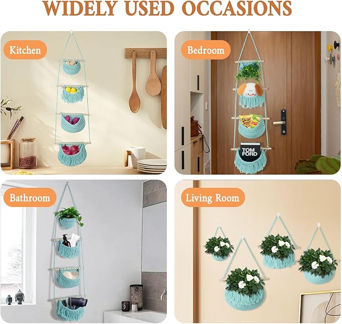 4 Tier Hanging Fruit Basket for Kitchen, Aqua Boho Cotton Rope Crocheted Fruit Holder for Bathroom Bedroom, Detachable Wall Hanging Basket Shelves Over Door Organizer for Fruit Veggie Plant Decor