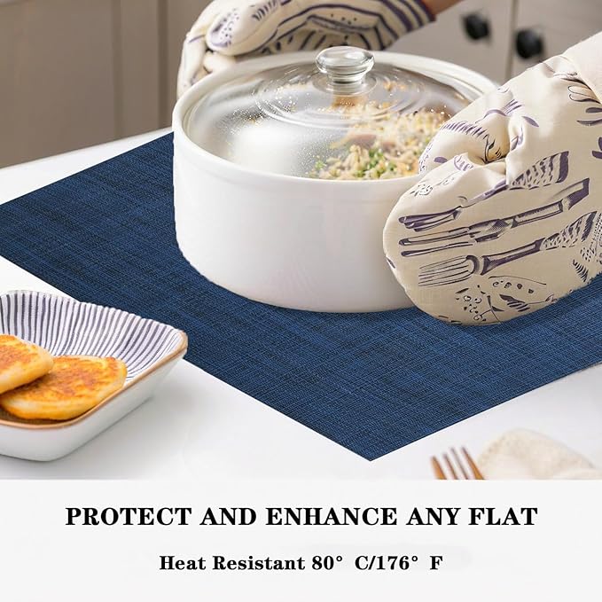 Navy Blue Placemats Set of 4 - Heat Resistant Non-Slip Place mats for Dining Table, Washable Durable PVC Vinyl Woven Table Mats (Navy Blue, 4)