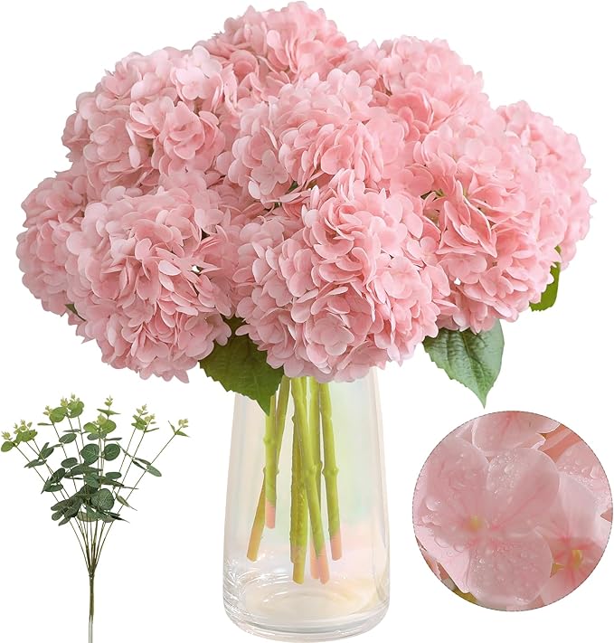 Tifuly Fake Hydrangea Artificial Flowers with Vase 4pcs Real Touch Faux Hydrangea with 3pcs Eucalyptus Stems for Wedding Centerpiece Home Party Table Decoration(Pink)