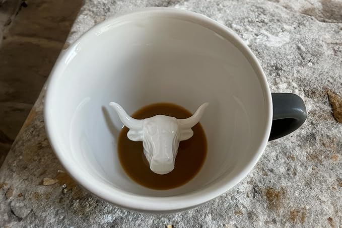 Creature Cups BULL Ceramic Cup (11 Ounce, Matte Olive Brown Exterior) - Hidden 3D Animal Inside Mug - Birthday, Holiday, Housewarming Drinkware Gift for Cattle, Longhorn, Coffee & Tea Lovers