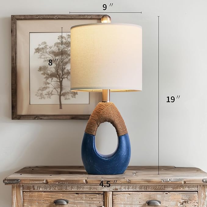 OYEARS 19" Boho Lamp for Bedroom, Bedside for Nightstands, Table Lamp for Living Room,Suitable for Small Space,Coastal Farmhouse, End Table, Rattan Nautical Beach Style, Blue,1 Pack