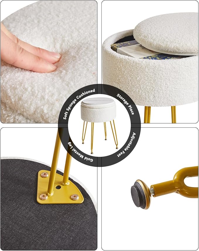 IBUYKE Teddy Velvet Storage Footrest Stool Ottoman, Makeup Vanity Stool Side Table with Removable Cover, Golden Steel Legs, Coffee Table Top Cover, White WBD010W