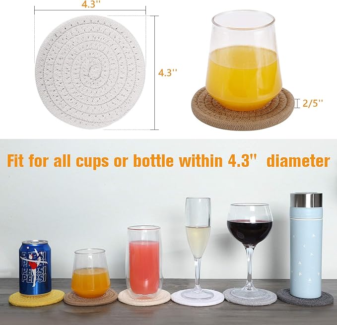 ABenkle 8 Pcs Drink Coasters with Holder, Cotton Woven Absorbent Coasters for Drinks, Minimalist Home Decor Coaster Set for Wooden Tabletop Protection Table, 4.3 inches White