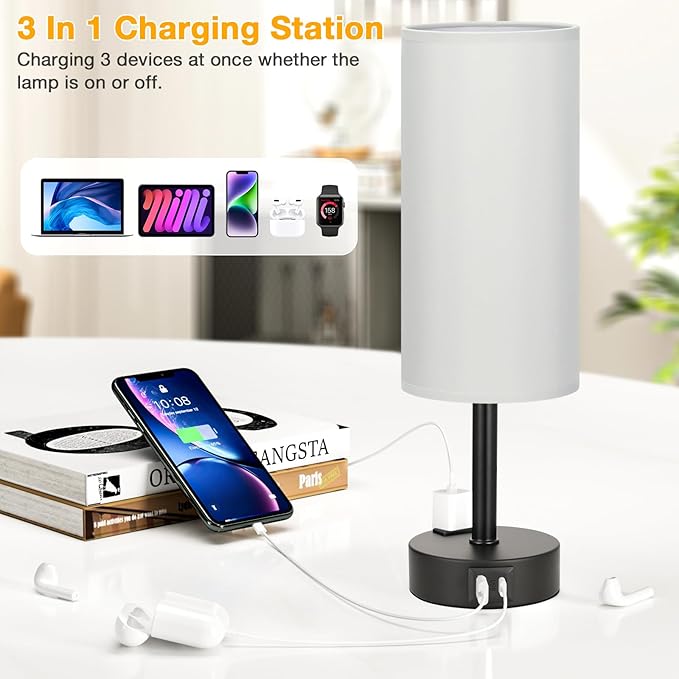 Grey Touch Table Lamps Set of 2-3 Way Dimmable Bedroom Lamps for Bedside with USB C and A Ports, Small Nightstand Lamps with AC Outlet, Desk Lamps with Black Base for Office Boys