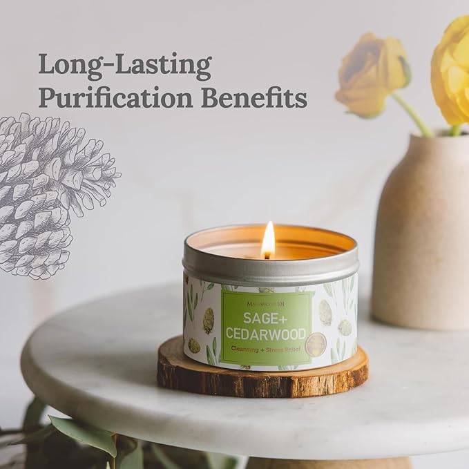 Magnificent 101 SAGE + Cedarwood Aromatherapy Candle for House Energy Cleansing and Stress Relief, Banishes Negative Energy I Purification and Chakra Healing - Natural Soy Wax Tin Candle - 6oz