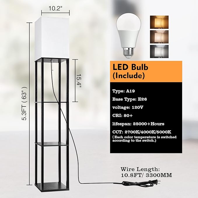 RUNTOP 3-Shelf Floor Lamp with LED Bulbs - Modern Standing Display Shelf Lamp for Living Room, Bedroom and Office (Black)